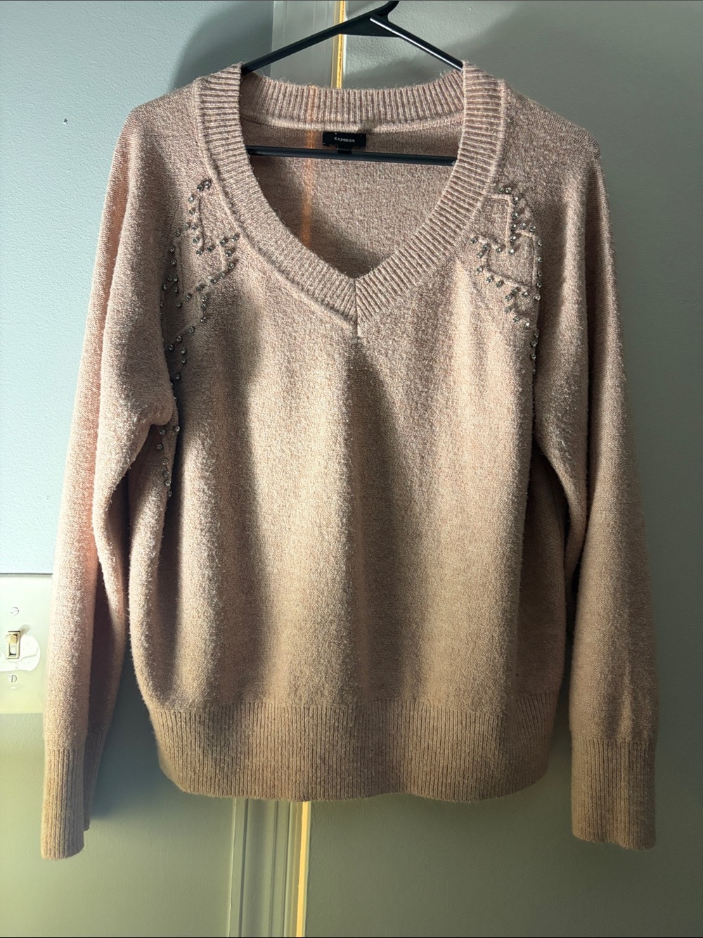 Express Blush Pink V-Neck Sweater with Shoulder Beading